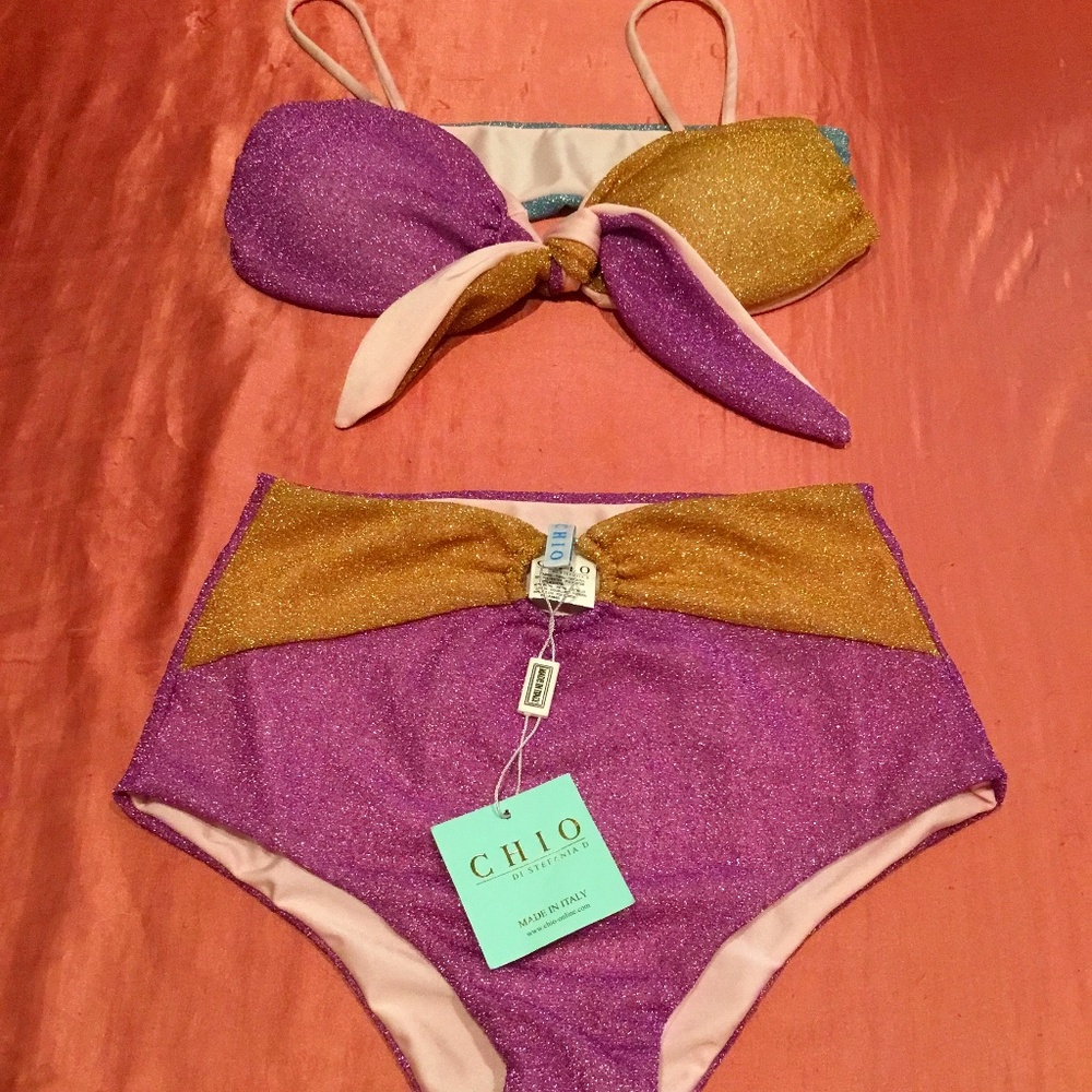 🤩 NWT Chio Lurex Bikini 👙 Colorblock Two Piece In Purple & Gold 👙